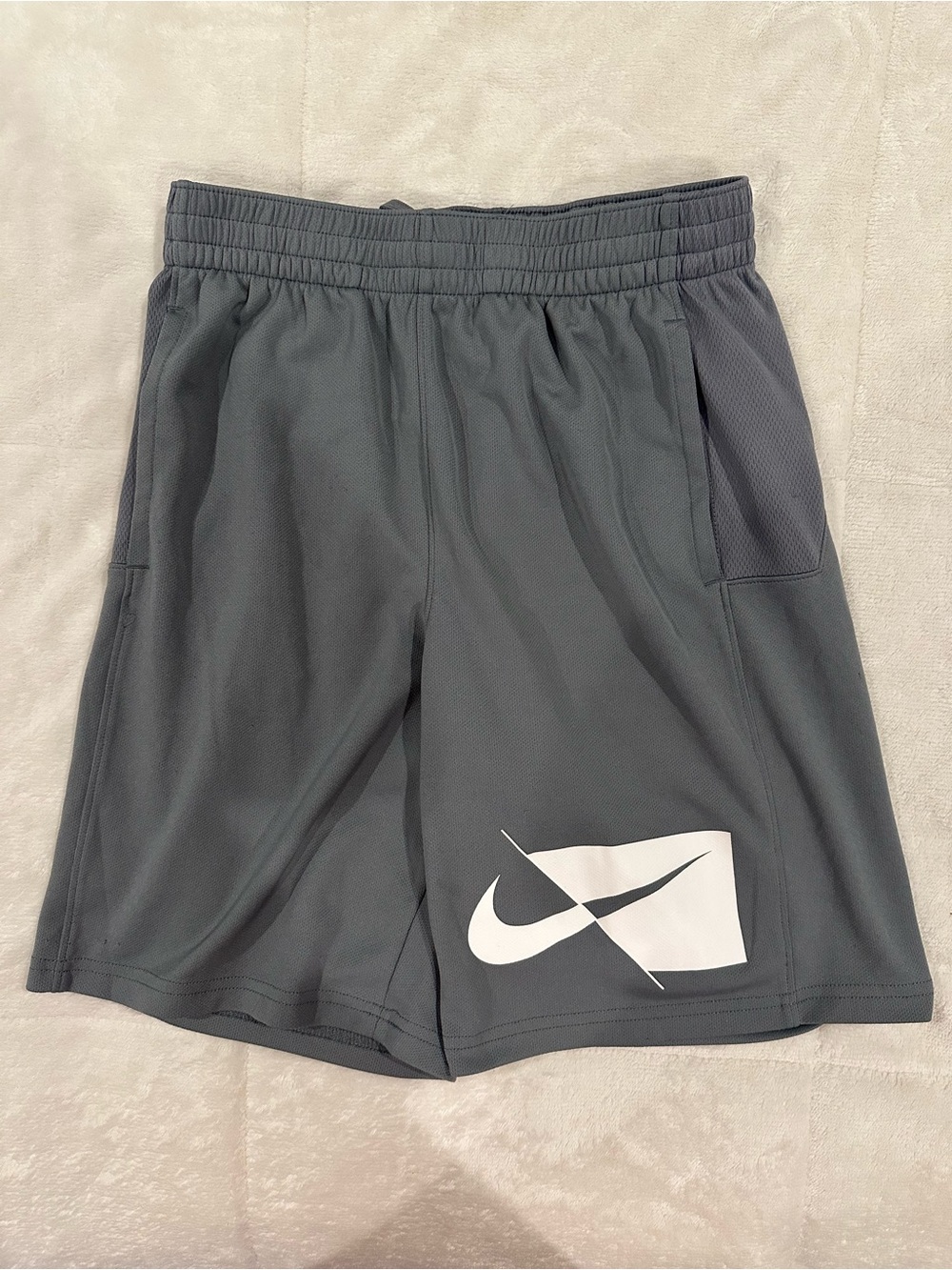 Nike Gray Boys’ Athletic Shorts with White Swoosh Graphic